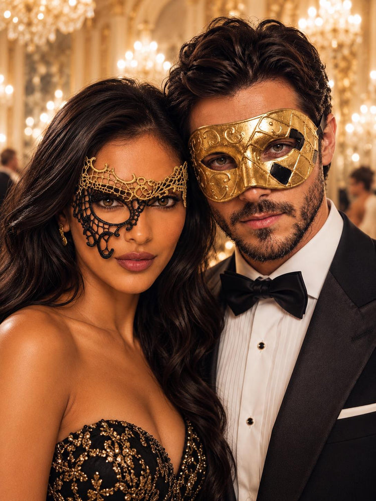 Gold & Black Couples Masquerade Mask Set | Classic Gold Venetian Mask for Men and Black Gold Phantom Lace Mask for Women product view 5