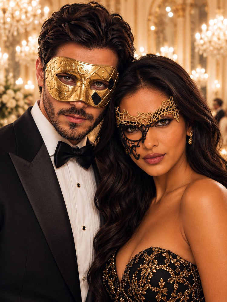 Gold & Black Couples Masquerade Mask Set | Classic Gold Venetian Mask for Men and Black Gold Phantom Lace Mask for Women