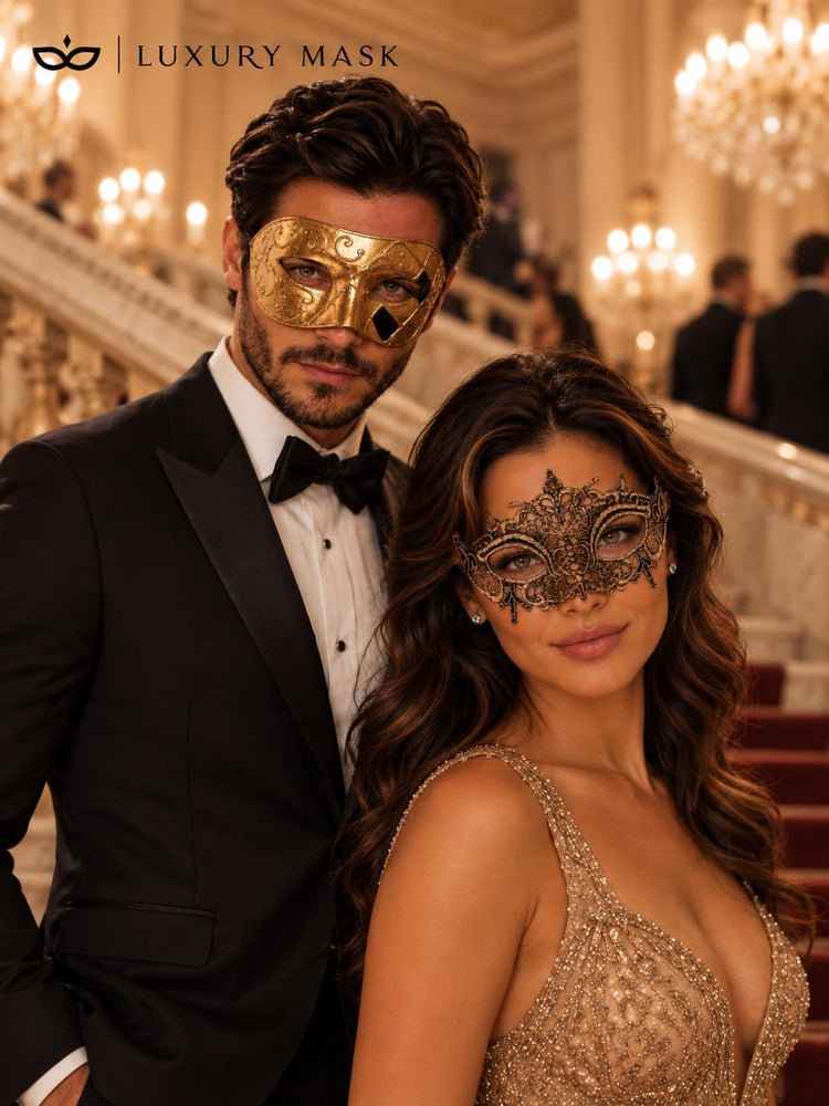 Gold Couples Venetian Masquerade Mask Set | Classic Men’s Mask & Elegant Gold Lace Mask for Women product view 4