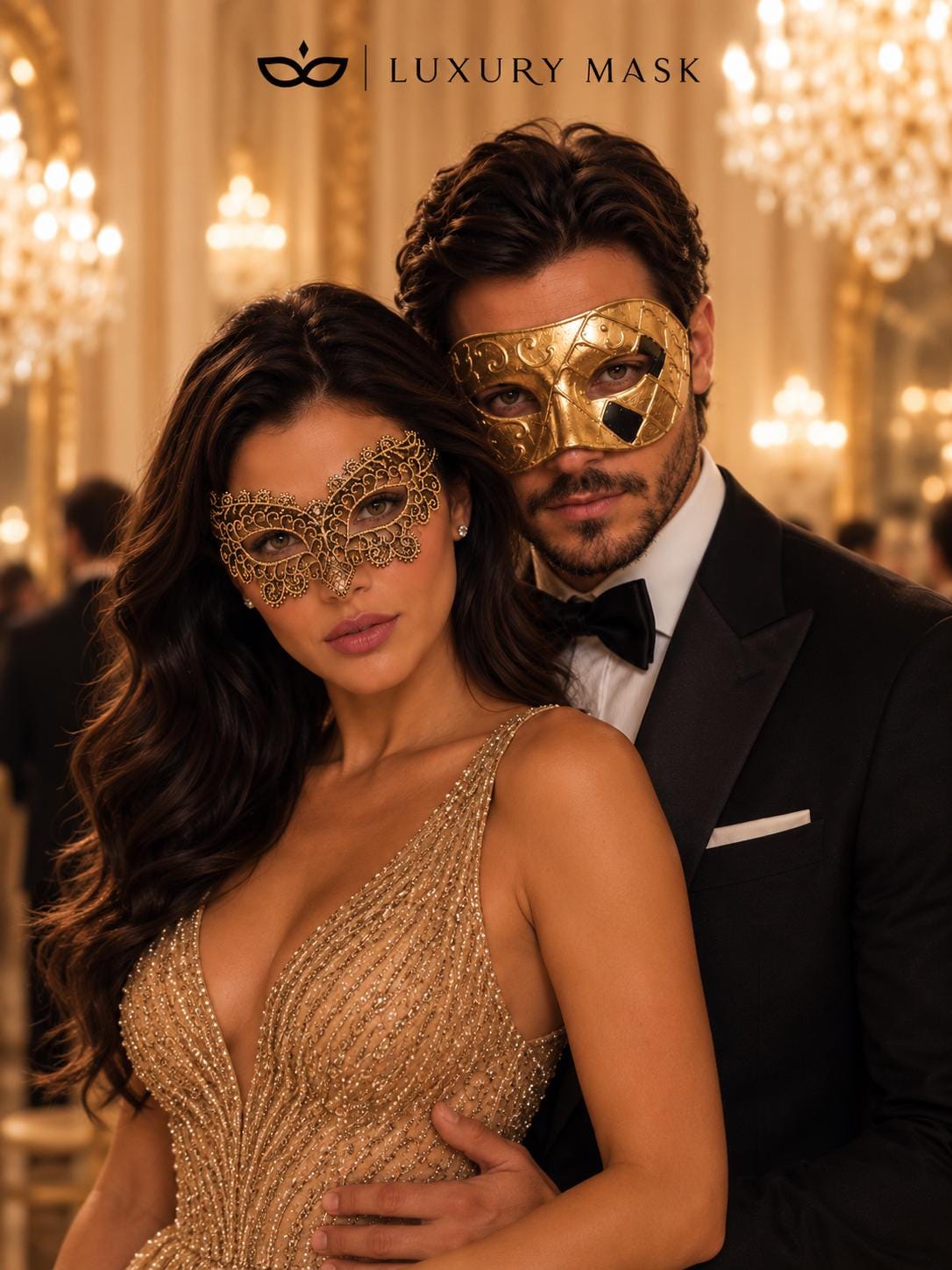 Gold Couples Venetian Masquerade Mask Set | Gold Checkered Classic Mask for Men & Ornate Gold Lace Mask for Women product view 2