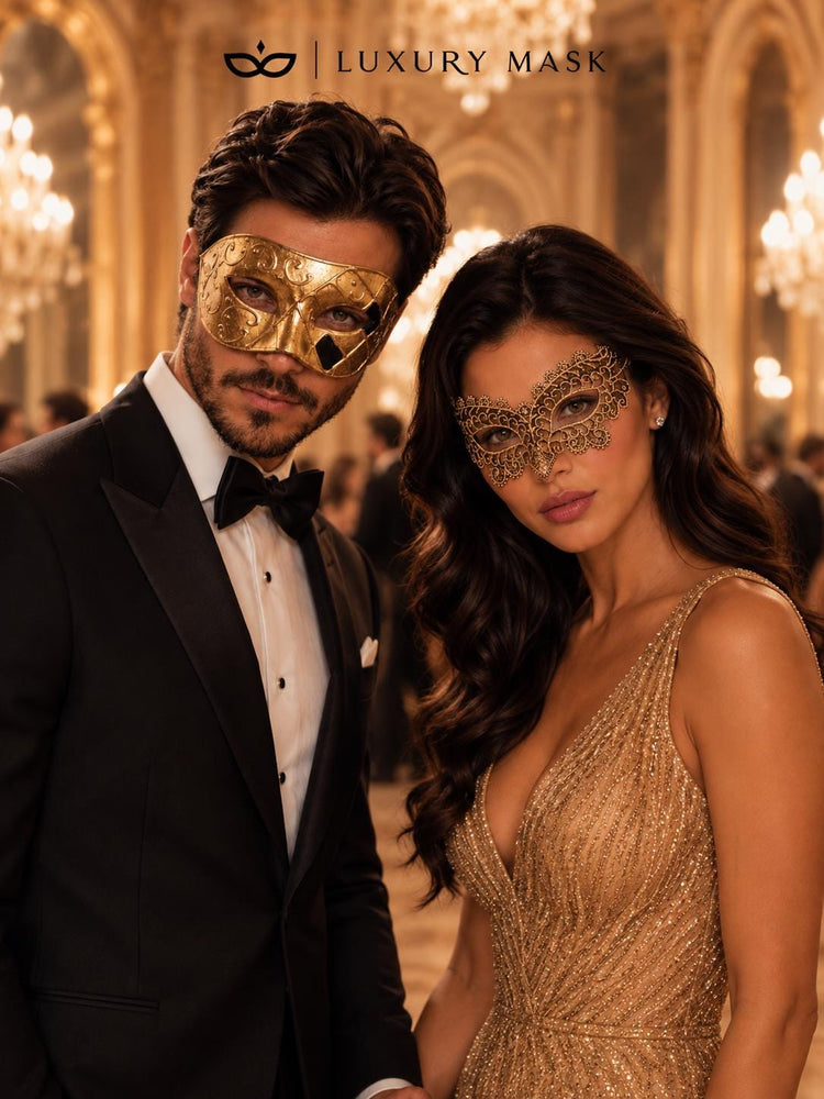 Gold Couples Venetian Masquerade Mask Set | Gold Checkered Classic Mask for Men & Ornate Gold Lace Mask for Women product view 4