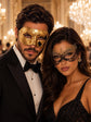 Gold & Black Couples Masquerade Mask Set | Gold Checkered Classic Venetian Mask for Men and Black Gold Lace Mask for Women