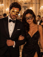 Gold & Black Couples Masquerade Mask Set | Gold Checkered Classic Venetian Mask for Men and Black Gold Lace Mask for Women product view 5