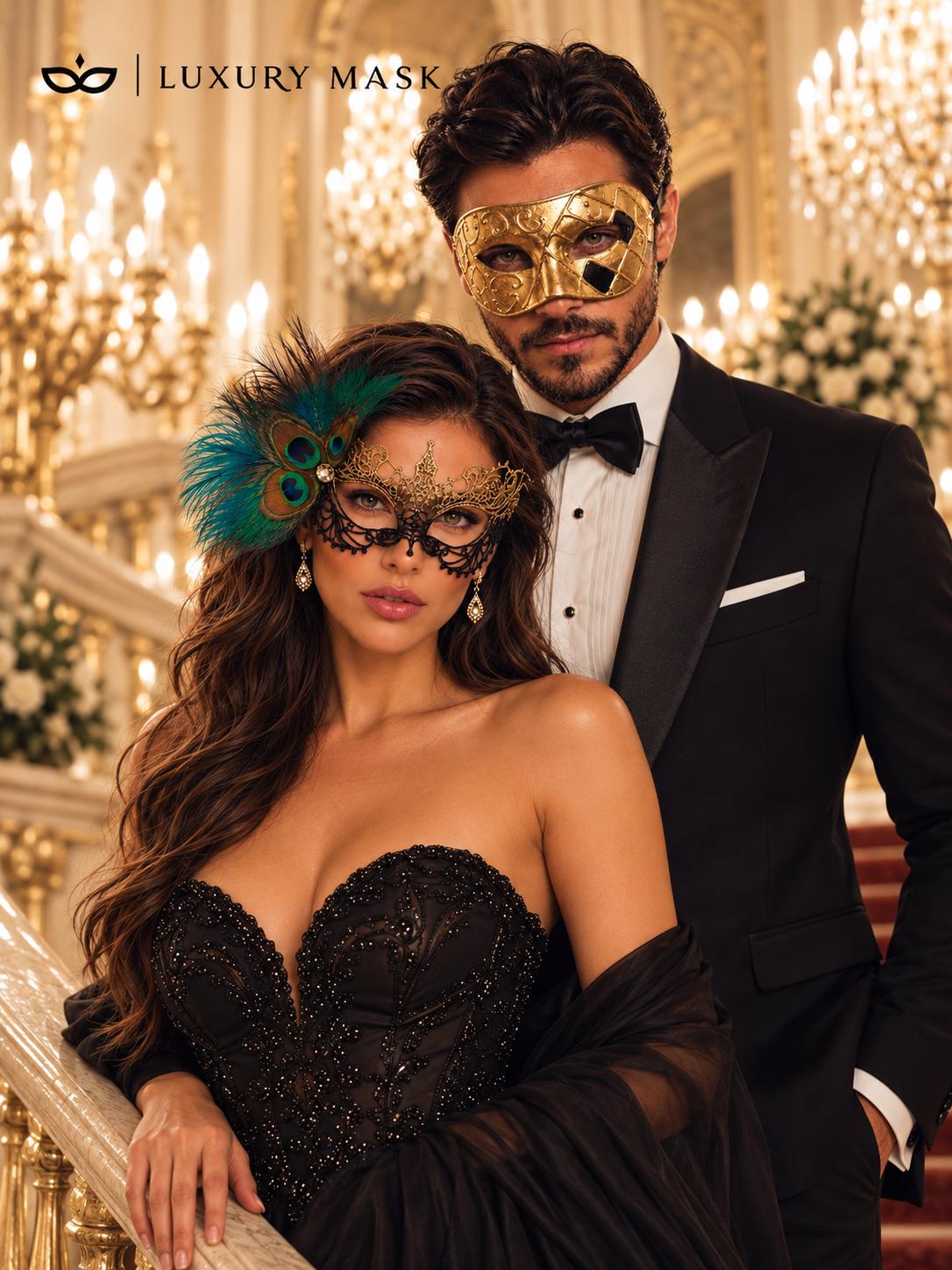 Gold Checkered Venetian Mask for Men & Black Gold Peacock Feather Lace Mask for Women | Couples Masquerade Mask Set product view 5