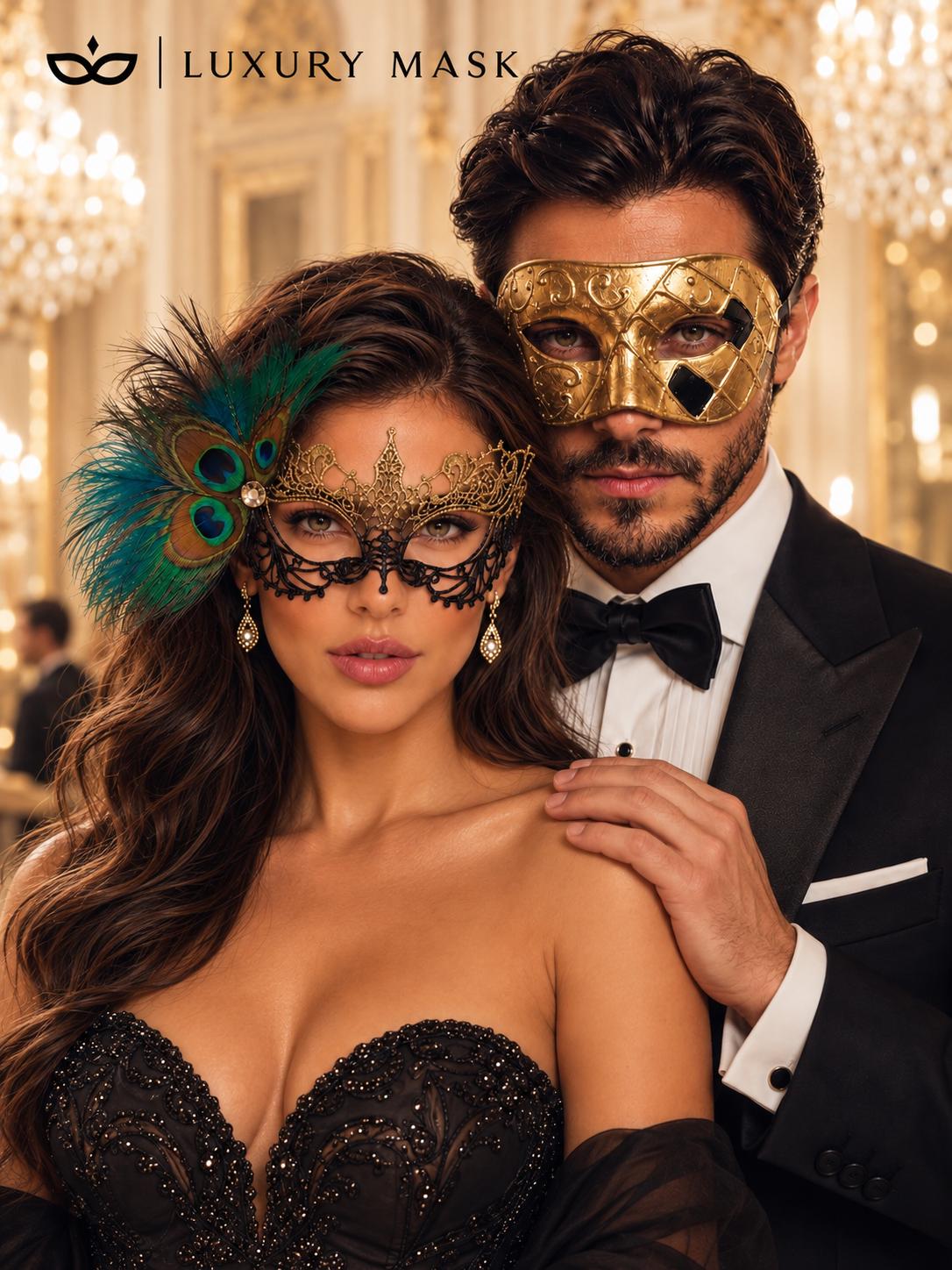 Gold Checkered Venetian Mask for Men & Black Gold Peacock Feather Lace Mask for Women | Couples Masquerade Mask Set product view 2