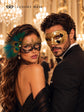 Gold Checkered Venetian Mask for Men & Black Gold Peacock Feather Lace Mask for Women | Couples Masquerade Mask Set product view 3