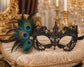 Gold & Black Couples Masquerade Mask Set | Gold Checkered Venetian Mask for Men and Black Peacock Feather Lace Mask for Women product view 7