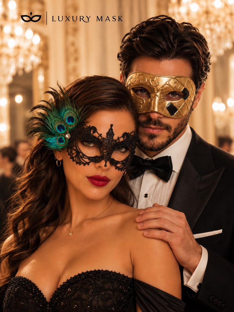 Gold & Black Couples Masquerade Mask Set | Gold Checkered Venetian Mask for Men and Black Peacock Feather Lace Mask for Women product view 2