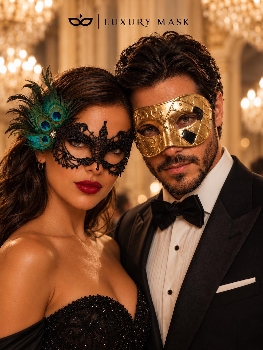 Gold & Black Couples Masquerade Mask Set | Gold Checkered Venetian Mask for Men and Black Peacock Feather Lace Mask for Women product view 4