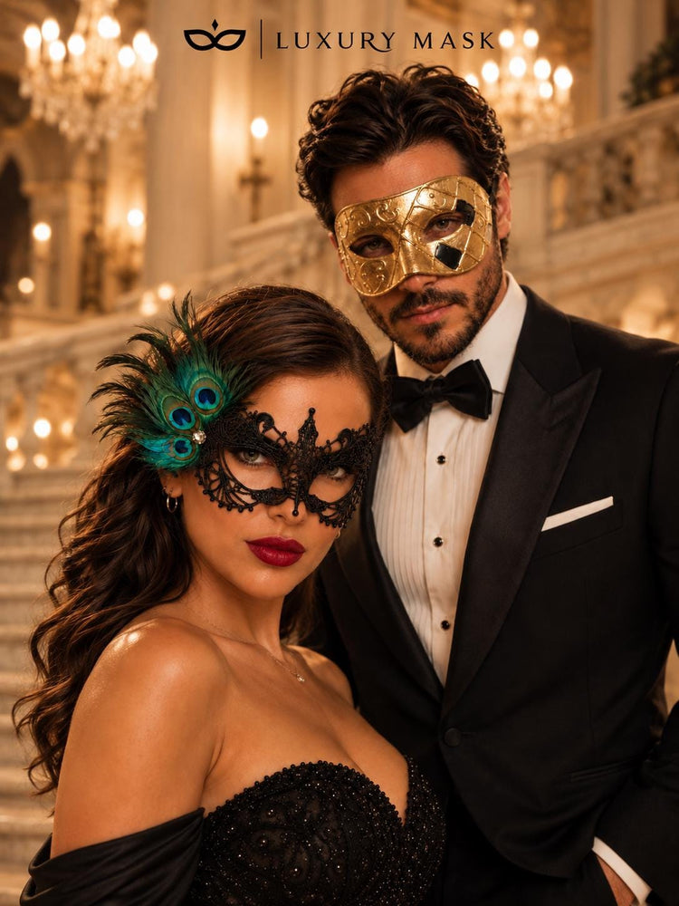 Gold & Black Couples Masquerade Mask Set | Gold Checkered Venetian Mask for Men and Black Peacock Feather Lace Mask for Women product view 5