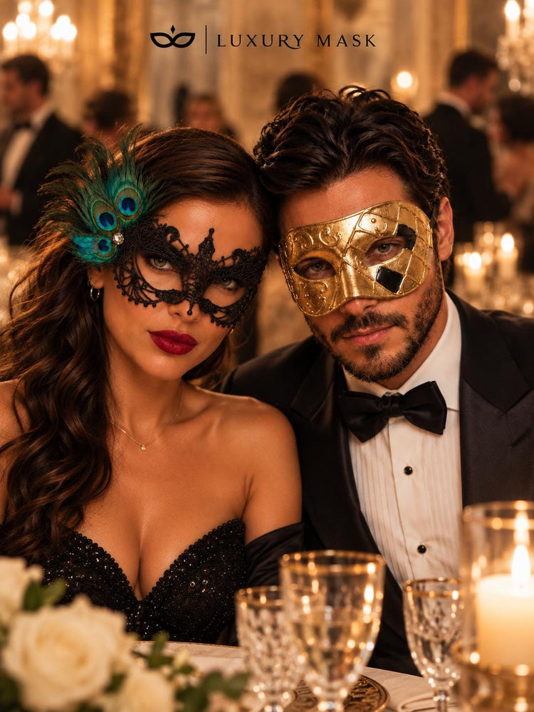 Gold & Black Couples Masquerade Mask Set | Gold Checkered Venetian Mask for Men and Black Peacock Feather Lace Mask for Women product view 6