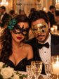 Gold & Black Couples Masquerade Mask Set | Gold Checkered Venetian Mask for Men and Black Peacock Feather Lace Mask for Women product view 6