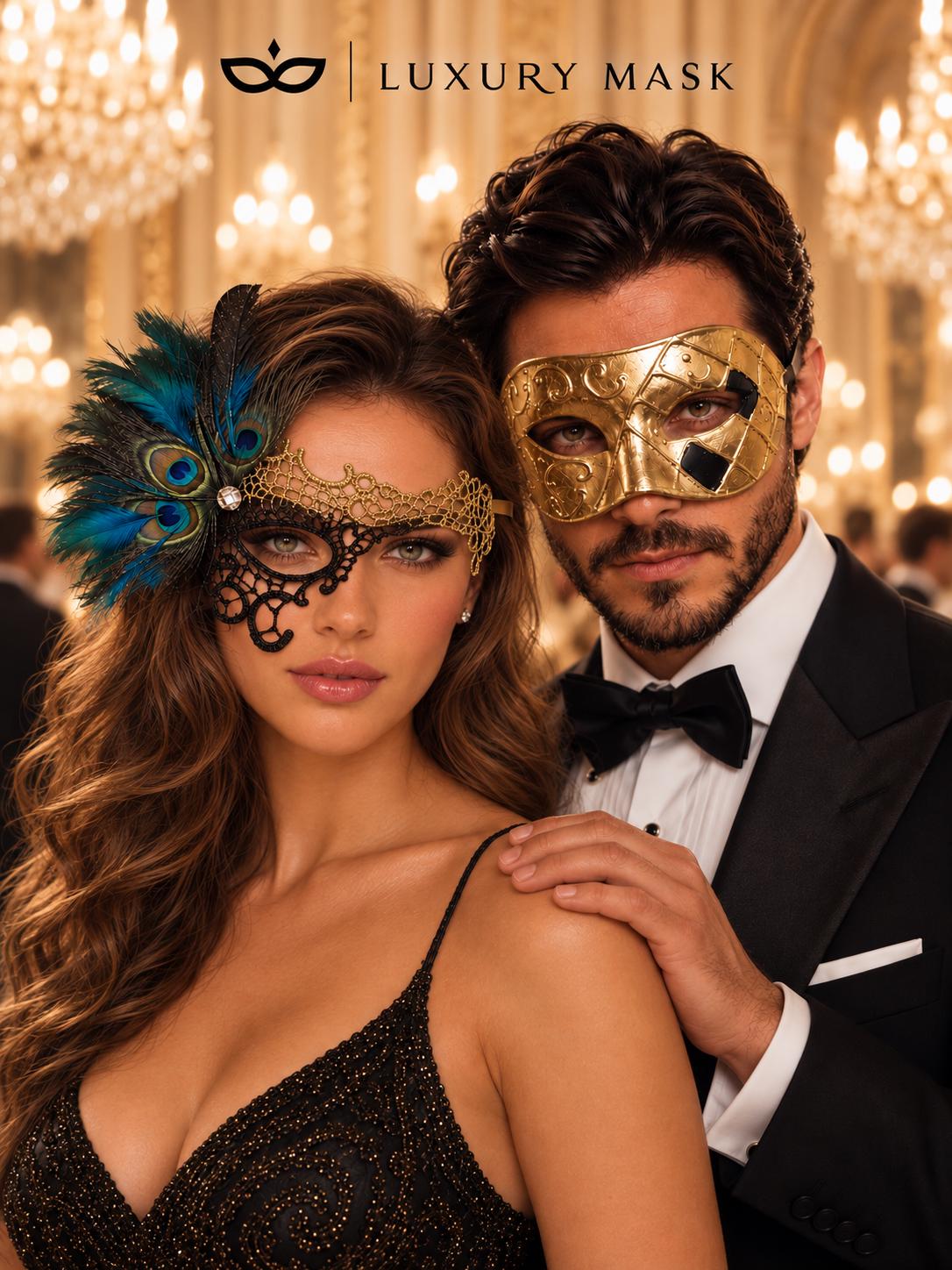 Gold & Black Couples Masquerade Mask Set | Gold Checkered Venetian Mask for Men and Black Gold Peacock Phantom Lace Mask for Women product view 2