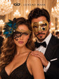 Gold & Black Couples Masquerade Mask Set | Gold Checkered Venetian Mask for Men and Black Gold Peacock Phantom Lace Mask for Women product view 2