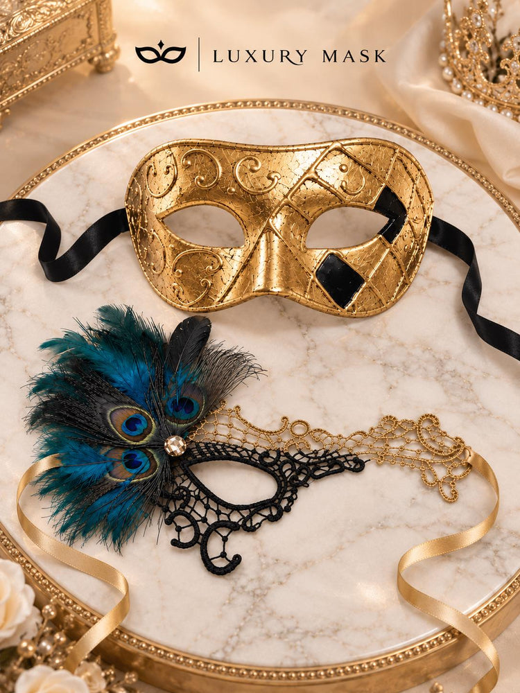 Gold & Black Couples Masquerade Mask Set | Gold Checkered Venetian Mask for Men and Black Gold Peacock Phantom Lace Mask for Women product view 6