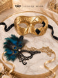 Gold & Black Couples Masquerade Mask Set | Gold Checkered Venetian Mask for Men and Black Gold Peacock Phantom Lace Mask for Women product view 6
