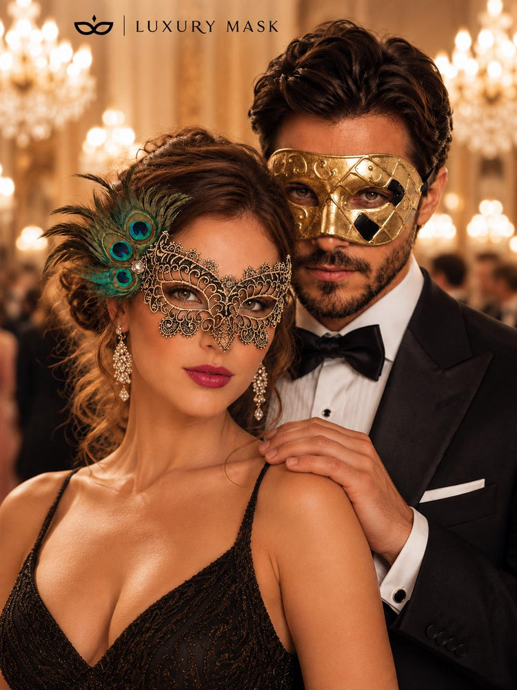 Gold & Black Couples Masquerade Mask Set | Gold Checkered Venetian Mask for Men and Black Gold Peacock Feather Lace Mask for Women product view 4