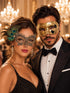 Gold & Black Couples Masquerade Mask Set | Gold Checkered Venetian Mask for Men and Black Gold Peacock Feather Lace Mask for Women