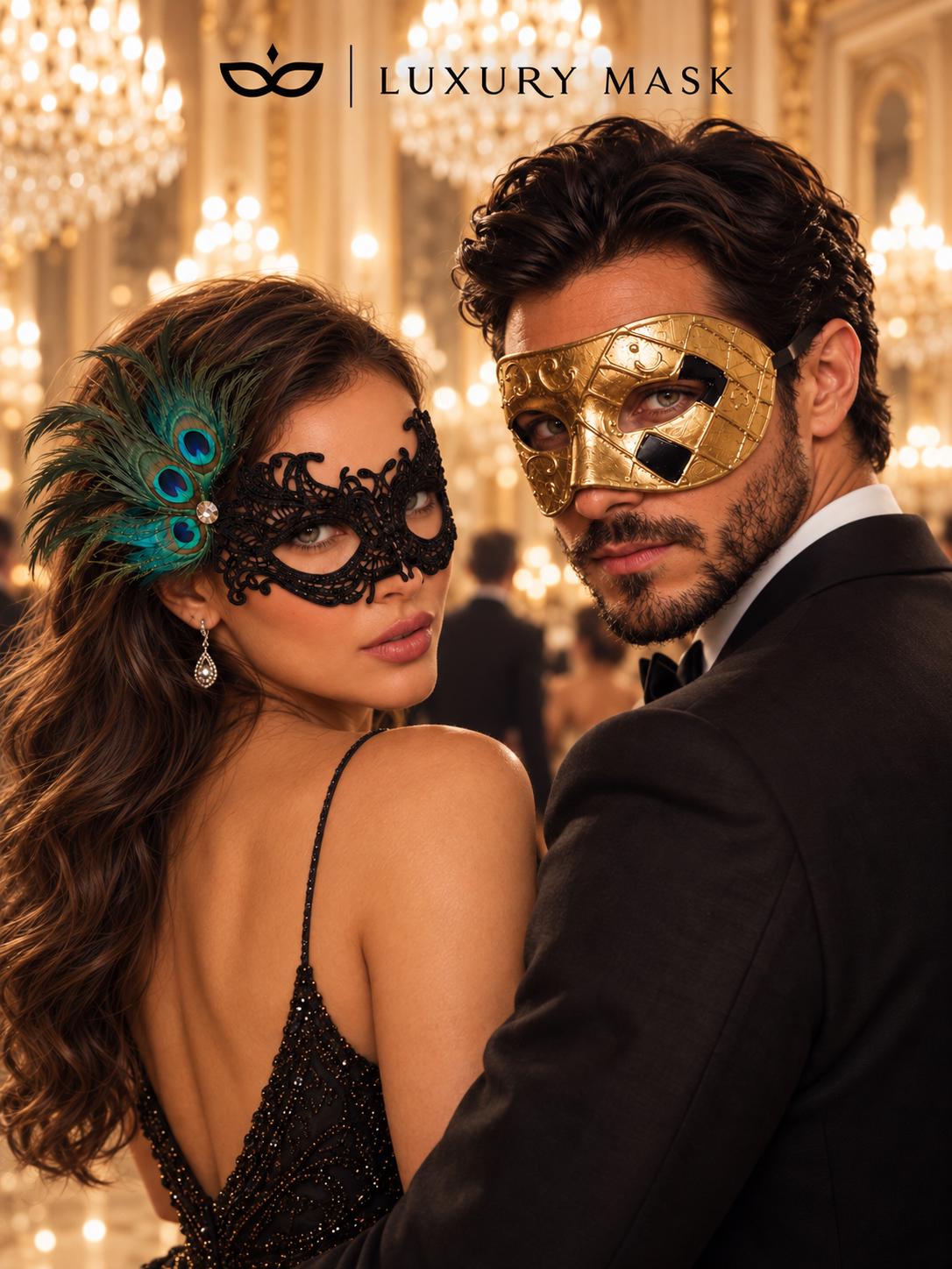 Gold Checkered Venetian Mask for Men & Black Peacock Feather Lace Mask for Women | Couples Masquerade Mask Set product view 3