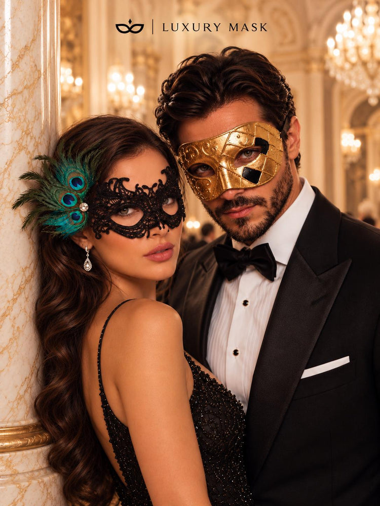 Gold Checkered Venetian Mask for Men & Black Peacock Feather Lace Mask for Women | Couples Masquerade Mask Set product view 5
