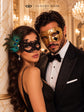 Gold Checkered Venetian Mask for Men & Black Peacock Feather Lace Mask for Women | Couples Masquerade Mask Set product view 5