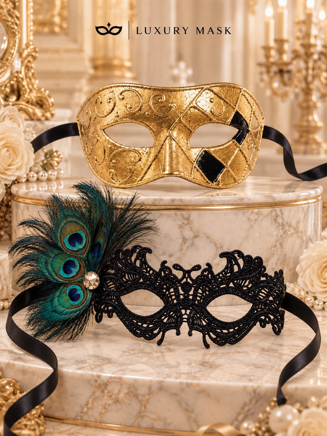Gold Checkered Venetian Mask for Men & Black Peacock Feather Lace Mask for Women | Couples Masquerade Mask Set product view 6