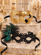 Gold Checkered Venetian Mask for Men & Black Peacock Feather Lace Mask for Women | Couples Masquerade Mask Set product view 6