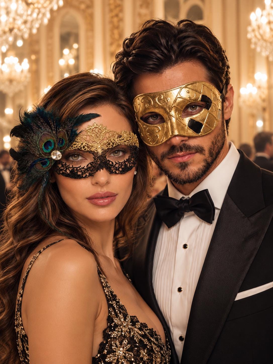 Gold & Black Peacock Couples Masquerade Mask Set | Gold Checkered Venetian Mask for Men and Flower Lace Feather Mask for Women