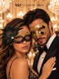 Gold & Black Peacock Couples Masquerade Mask Set | Gold Checkered Venetian Mask for Men and Flower Lace Feather Mask for Women product view 2