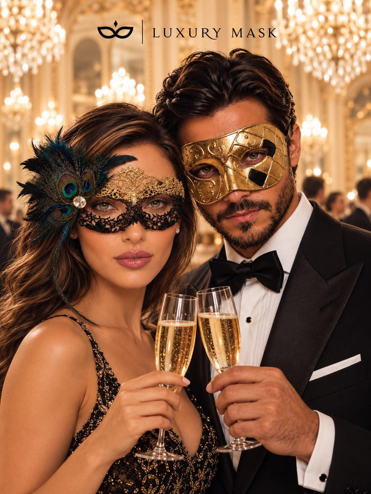 Gold & Black Peacock Couples Masquerade Mask Set | Gold Checkered Venetian Mask for Men and Flower Lace Feather Mask for Women product view 4