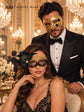 Gold & Black Peacock Couples Masquerade Mask Set | Gold Checkered Venetian Mask for Men and Flower Lace Feather Mask for Women product view 5