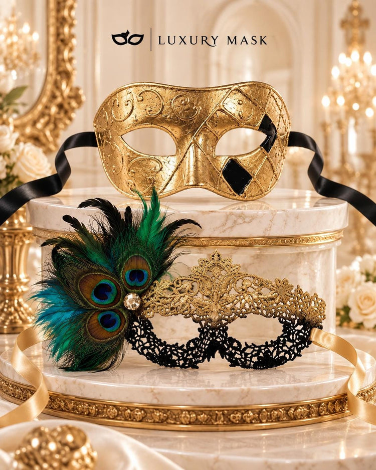 Gold & Black Peacock Couples Masquerade Mask Set | Gold Checkered Venetian Mask for Men and Flower Lace Feather Mask for Women product view 6