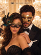 Gold & Black Couples Masquerade Mask Set | Gold Checkered Venetian Mask for Men and Black Gold Lace Mask with Peacock Feathers for Women product view 2