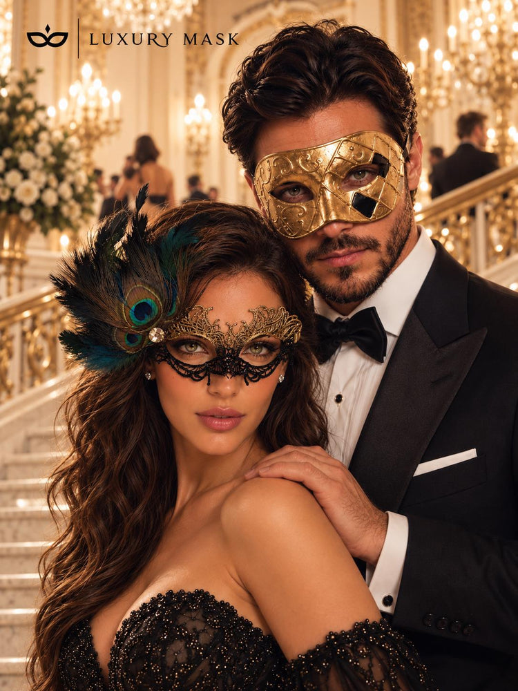 Gold & Black Couples Masquerade Mask Set | Gold Checkered Venetian Mask for Men and Black Gold Lace Mask with Peacock Feathers for Women product view 4