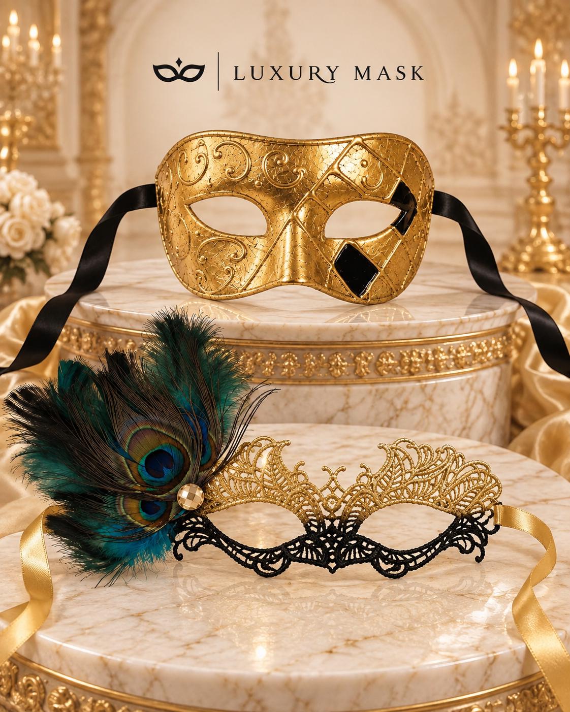 Gold & Black Couples Masquerade Mask Set | Gold Checkered Venetian Mask for Men and Black Gold Lace Mask with Peacock Feathers for Women product view 6
