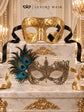 Gold Couples Masquerade Mask Set | Checkered Venetian Mask for Men & Peacock Feather Lace Mask for Women product view 6