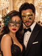 Gold Couples Masquerade Mask Set | Checkered Venetian Mask for Men & Peacock Feather Lace Mask for Women