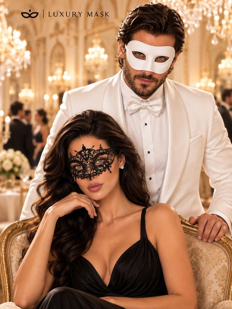 White & Black Couples Masquerade Mask Set | Classic Venetian Mask for Men and Elegant Lace Mask for Women product view 4