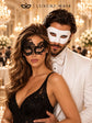 White Classic Venetian Mask for Men & Black Swan Lace Mask for Women | Elegant Black and White Couples Masquerade Mask Set product view 2