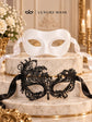 White Classic Venetian Mask for Men & Black Swan Lace Mask for Women | Elegant Black and White Couples Masquerade Mask Set product view 6