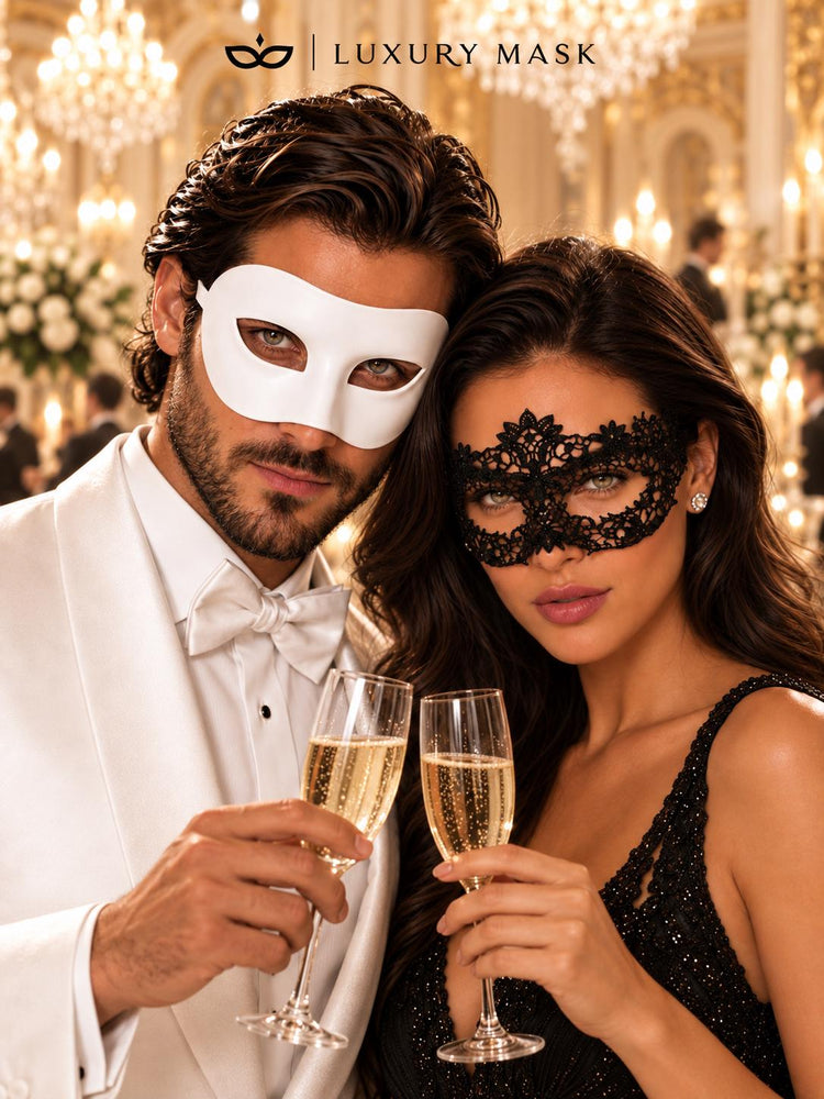 White Classic Venetian Mask for Men & Black Flower Lace Mask for Women | His and Hers Masquerade Mask Set product view 4