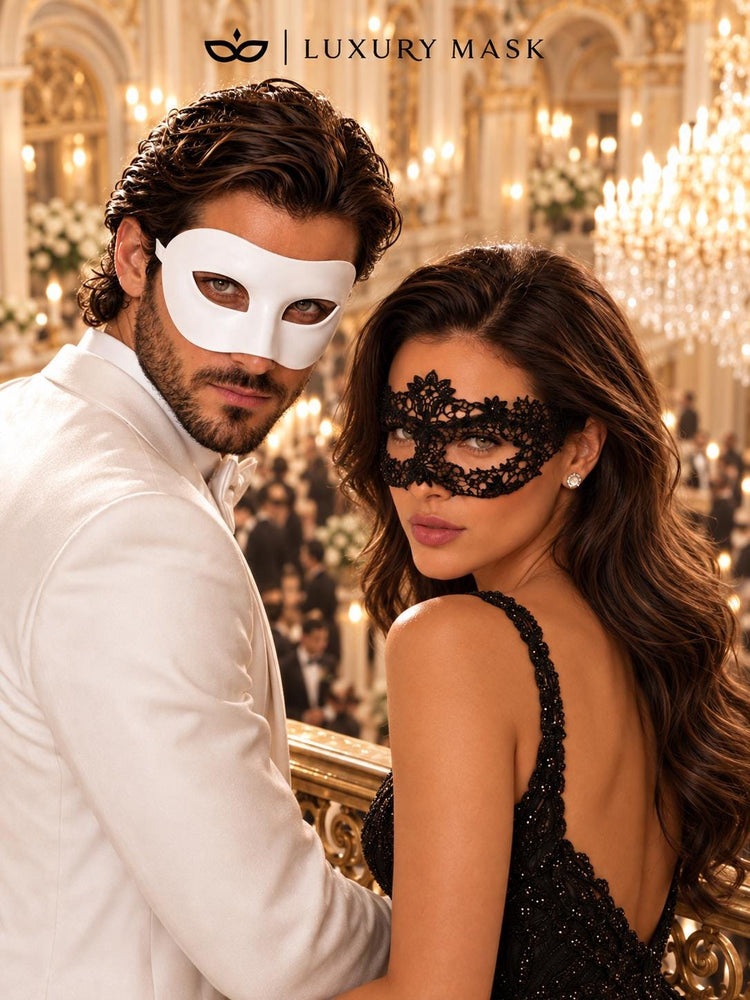 White Classic Venetian Mask for Men & Black Flower Lace Mask for Women | His and Hers Masquerade Mask Set product view 5