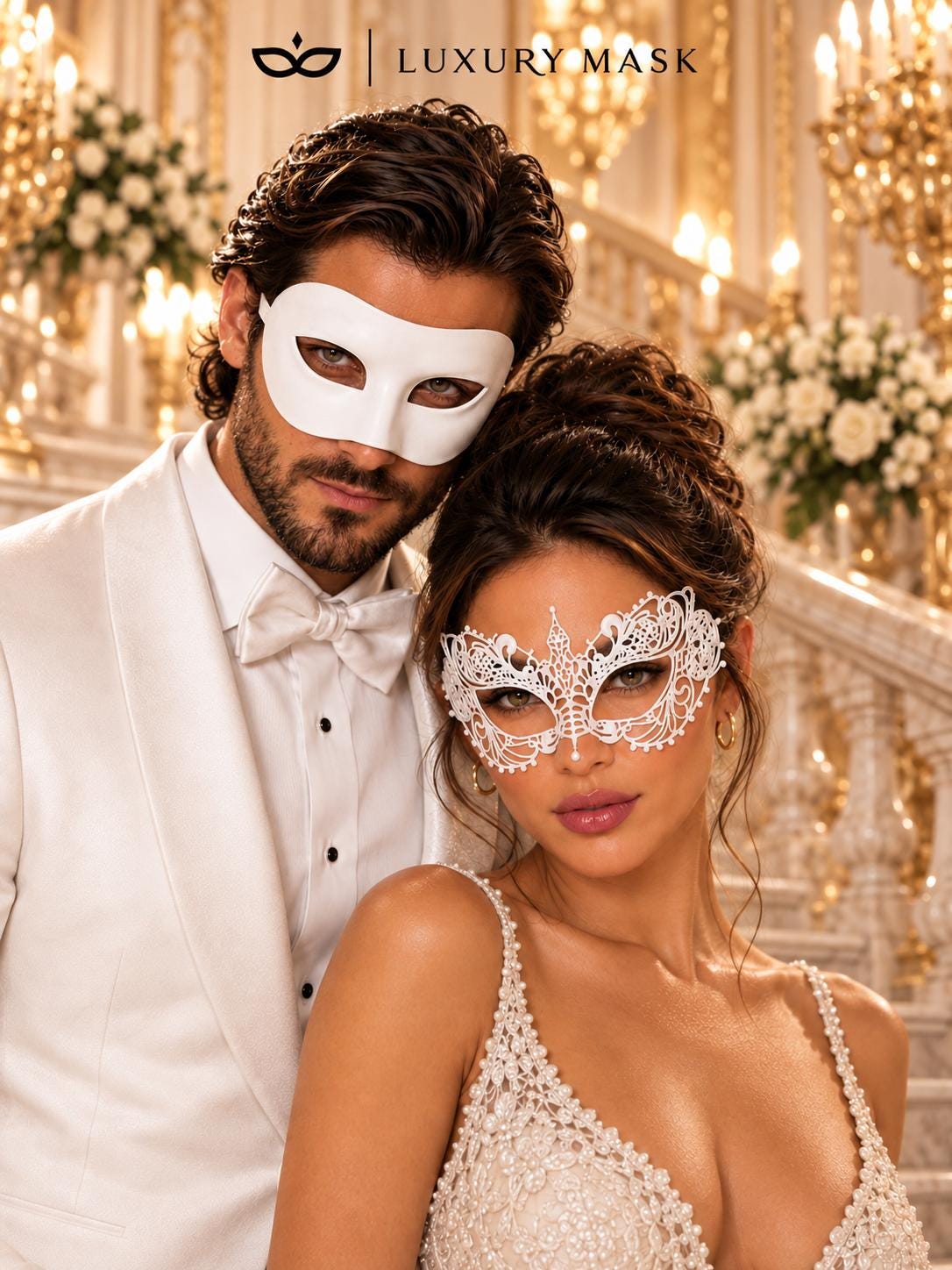 White Couples Masquerade Mask Set | Classic Venetian Mask for Men & Elegant White Lace Mask for Women product view 3