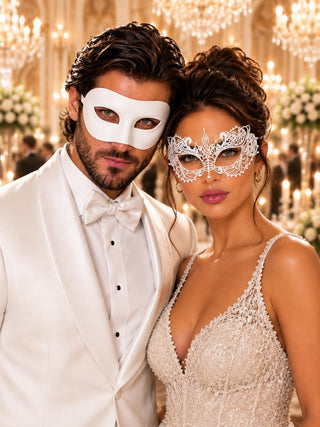 White Couples Masquerade Mask Set | Classic Venetian Mask for Men & Elegant White Lace Mask for Women