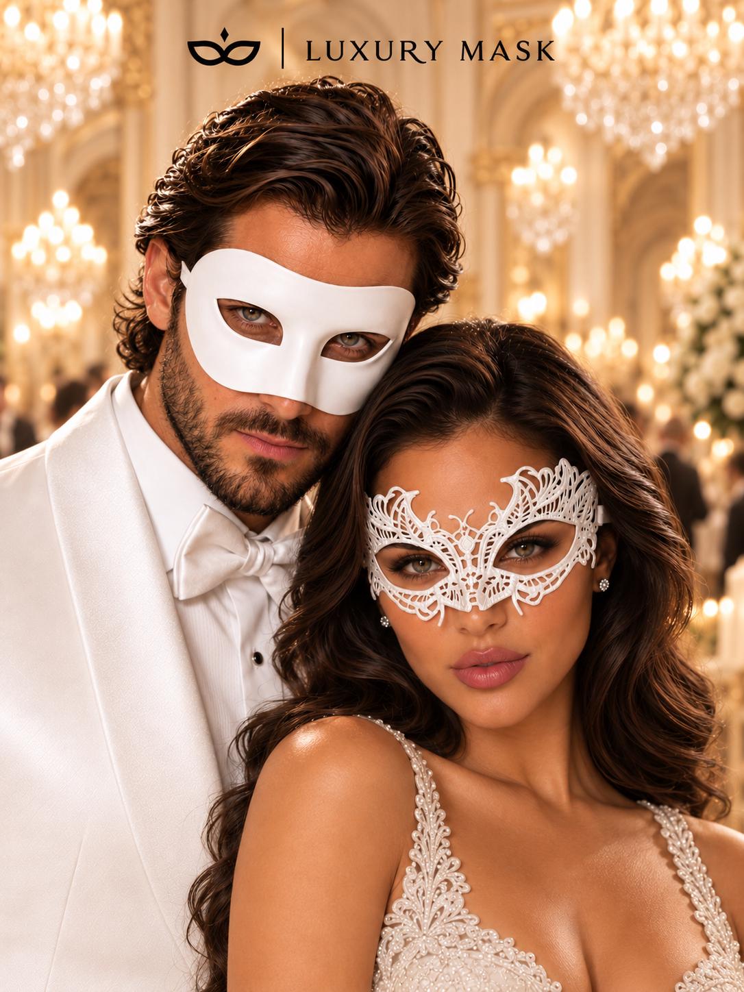 White Classic Venetian Mask for Men & White Lace Mask for Women | Elegant White Couples Masquerade Mask Set product view 4