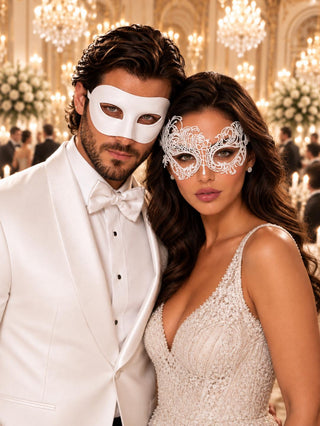 White Classic Venetian Mask for Men & White Swan Lace Mask for Women | His and Hers White Masquerade Mask Set - product image 1