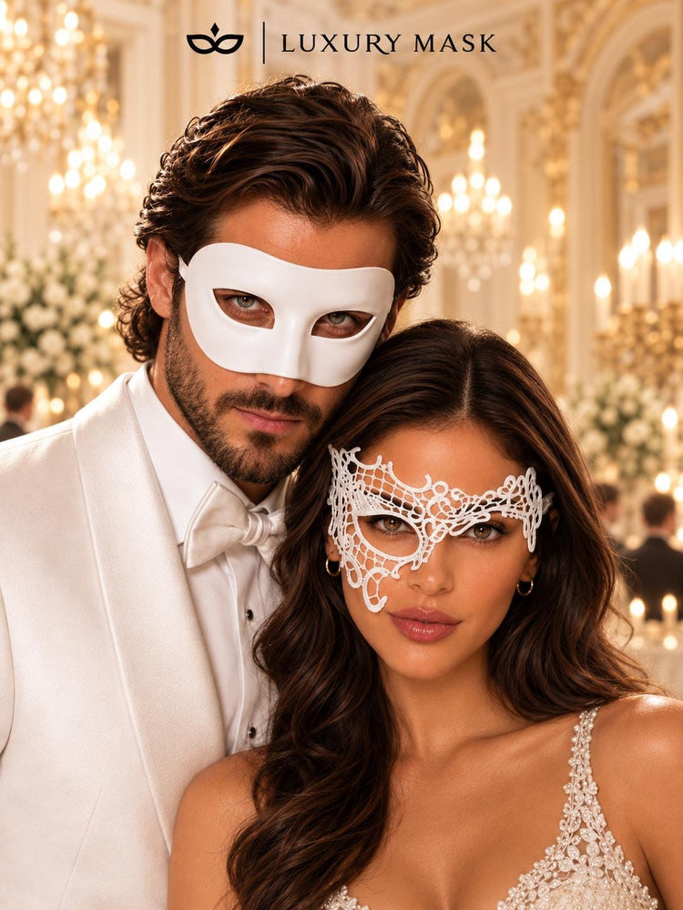 White Classic Venetian Mask for Men & White Phantom Lace Mask for Women | Elegant White Couples Masquerade Mask Set - product image 2