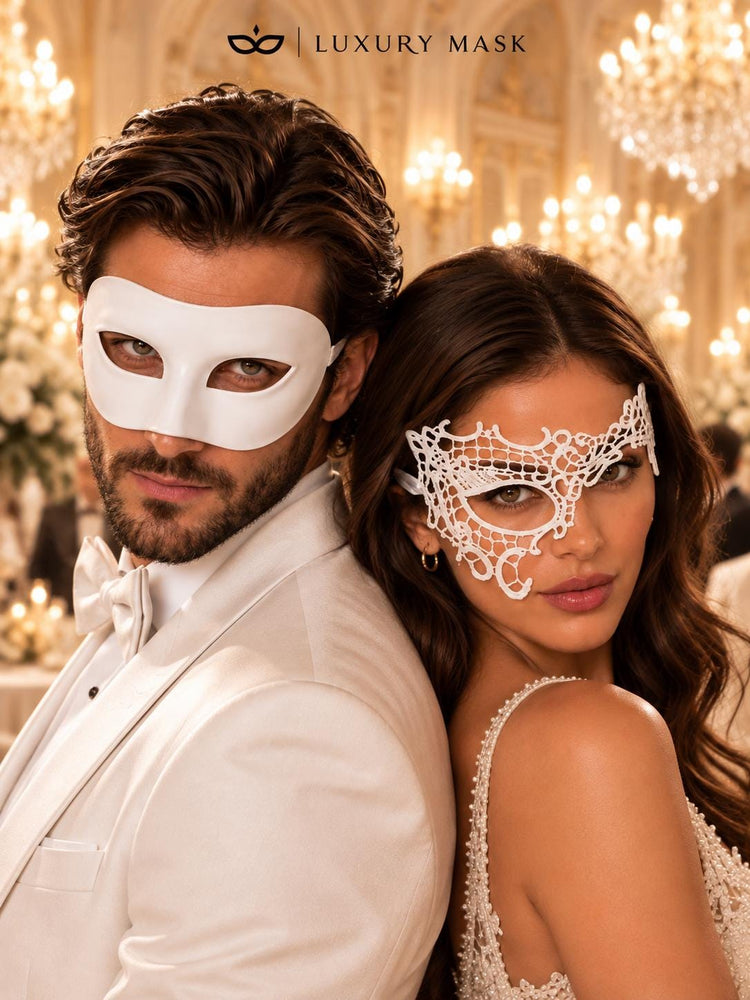 White Classic Venetian Mask for Men & White Phantom Lace Mask for Women | Elegant White Couples Masquerade Mask Set - product image 7