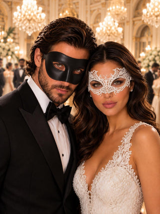 Black & White Couples Venetian Mask Set | Classic Black Masquerade Mask for Men and Elegant White Lace Mask for Women - product image 1