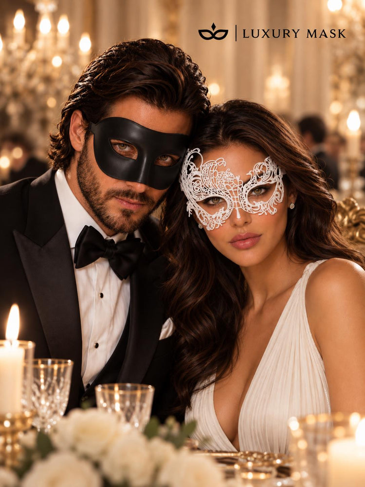 Black & White Couples Masquerade Mask Set | Classic Venetian Mask for Men and White Swan Lace Mask for Women - product image 4